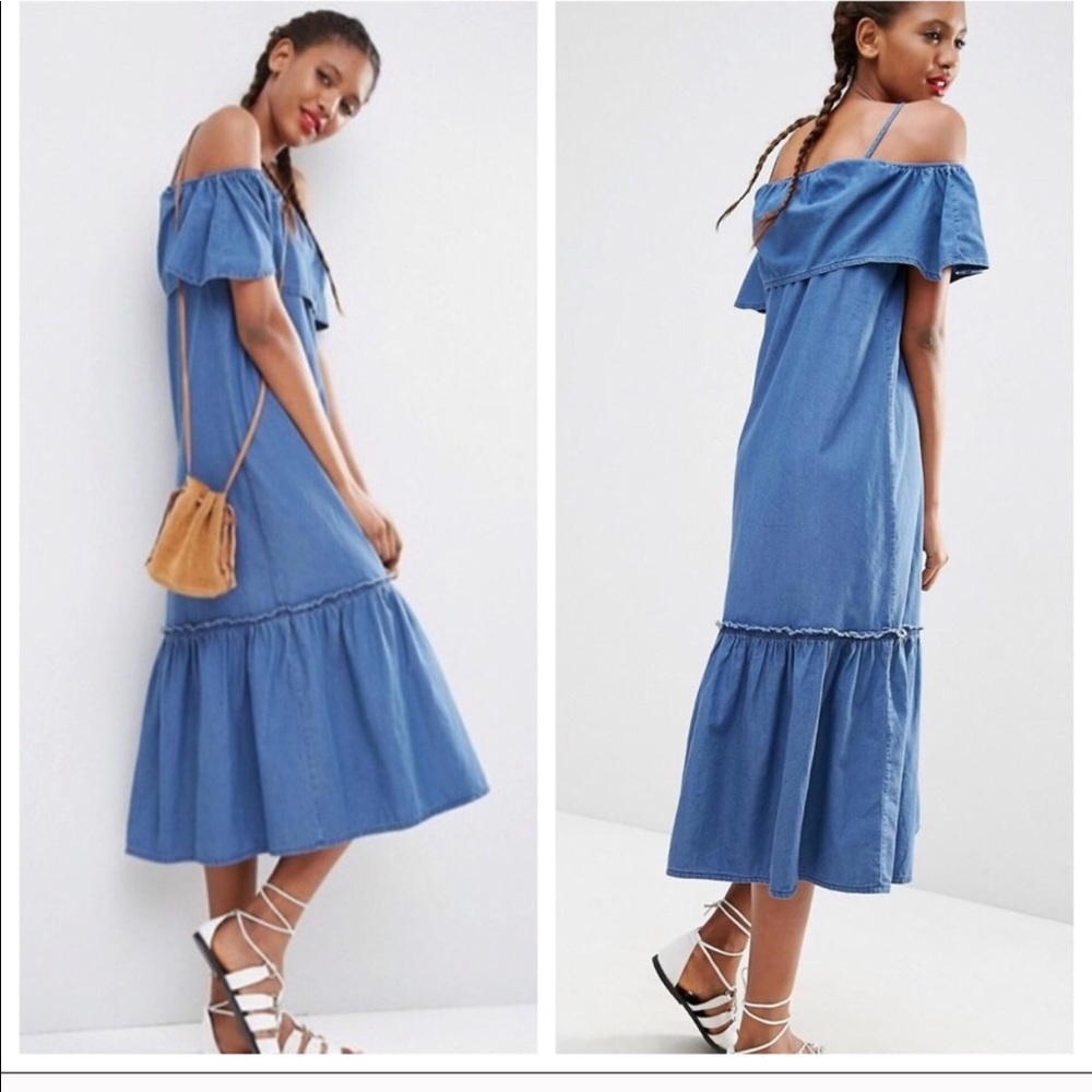 ASOS Off Shoulder Denim Midi Dress